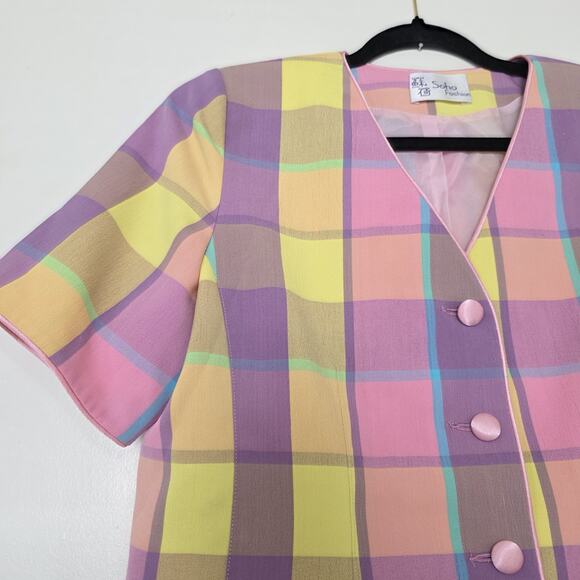 Vtg Plaid Checkered Pastel Blazer Jacket Womens M/L Artsy Retro Pockets Easter - Picture 2 of 8